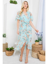 Load image into Gallery viewer, Blue Floral Faux Wrap Dress