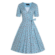 Load image into Gallery viewer, Matilda Red Cherry Blue Wrap Dress