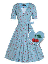 Load image into Gallery viewer, Matilda Red Cherry Blue Wrap Dress