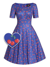 Load image into Gallery viewer, Brenda Blue Cherry Flared Dress