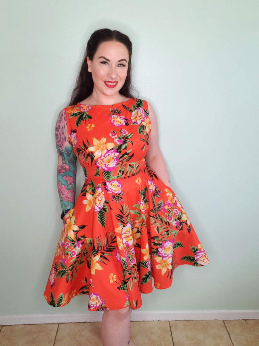 Come Alive String Detail Deep V-Neck Dress Botanic Print Orange