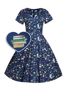 Patricia Navy Blue Dress in School Supplies Print