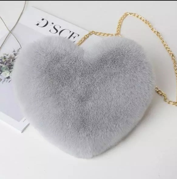 Grey Furry Heart Purse