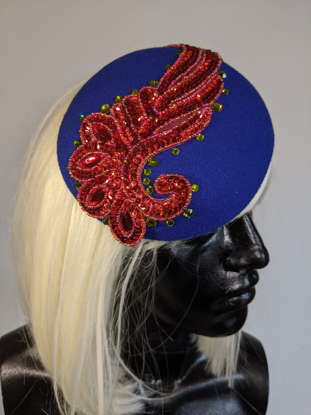 Blue and Red Round Pillbox Hat