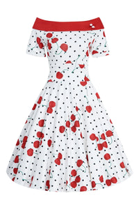 Darlene Cherry & Polka Dot Swing Dress in White