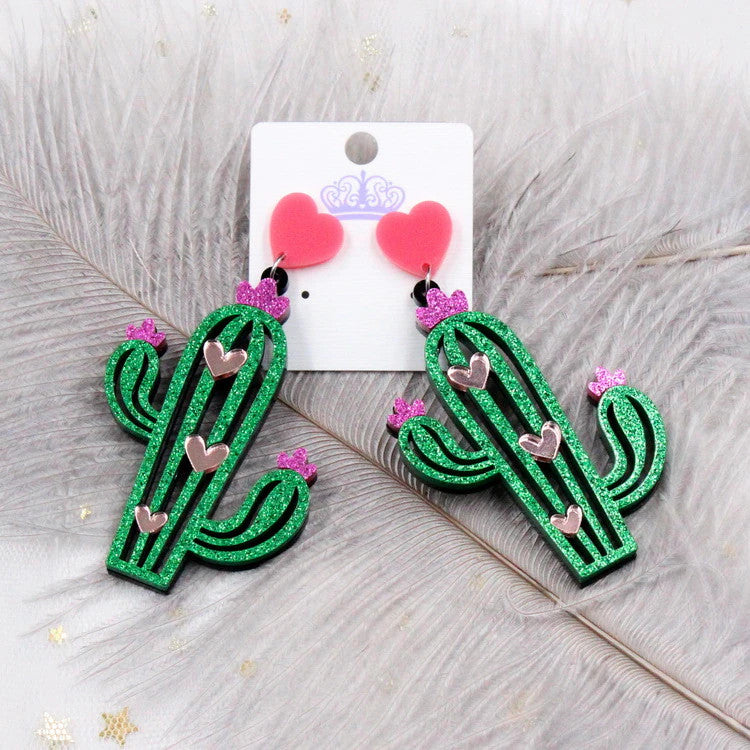 Glitter Cactus Heart Earrings
