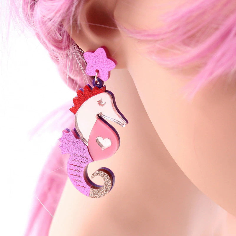Pink Glitter Seahorse Earrings